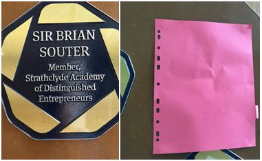 Image on left shows Brian Souter's plaque. Image on right shows the plaque covered up.